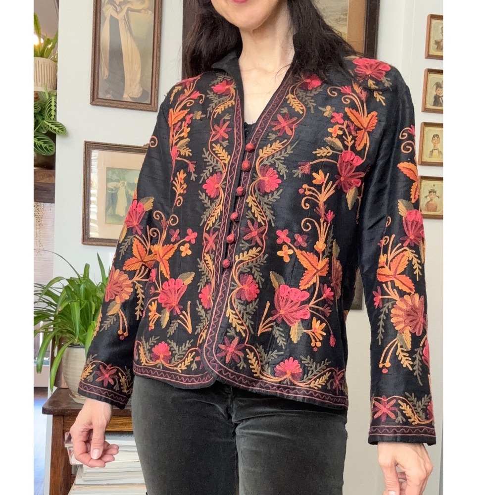Norm Thompson Womens Silk Embroidered Floral Jacket Black Mandarin Collar Size M
